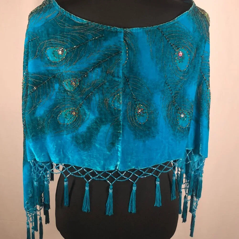 Vintage FST USA Silk & Rayon Peacock Embroidered Shawl – Boho Luxe Evening Wrap